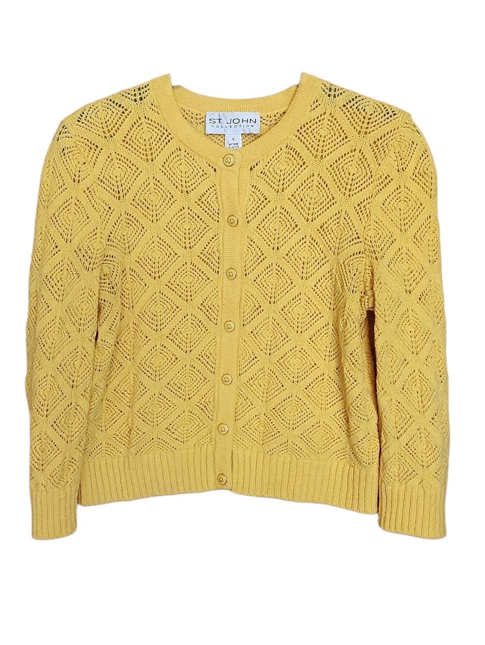 ST. JOHN COLLECTION 2009 ARCHIVAL DIAMON POINTELLE KNIT CARDIGAN YELLOW SMALL